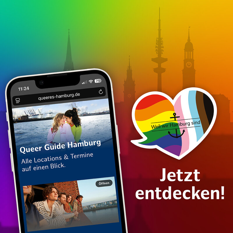 Der Queer Guide auf einem Handy, im Hintergrund Die Stadt vor Regenbogenfahnen.