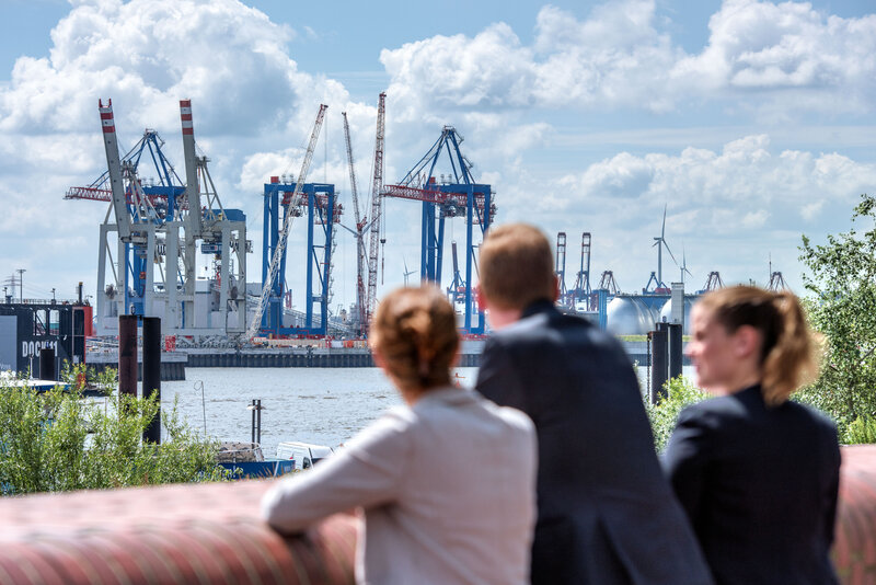 Menschen beobachtenden Hamburger Hafen mit Kränen im Hintergrund.