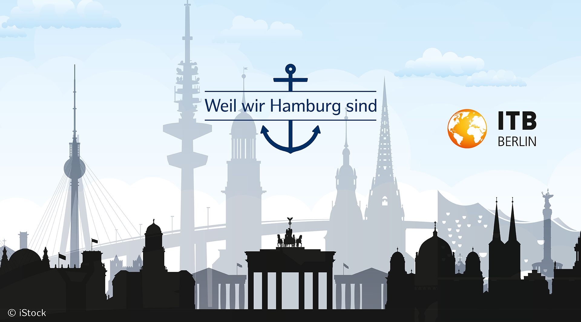 Hamburgs Skyline als Silhoette hinter der Silhouette Berlins. Darüber steht das Weil Wir Hamburg Sind Logo, rechts auf dem Bild ist das Logo der ITB Berlin
